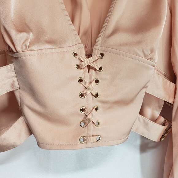FOREVER 21 Satin Lace-Up Buckle Top L Blush Champagne Tan Nude Puff Sleeves - Picture 7 of 12